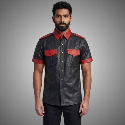 Men's Black & Red Leather Shirt Short Sleeve