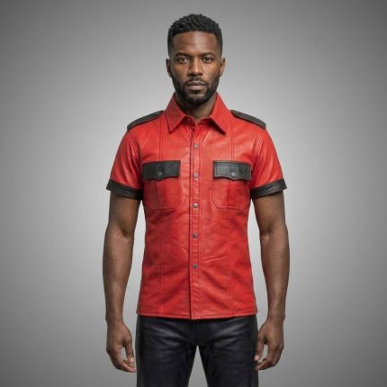 Men's Black & Red Leather Shirt Gothic Biker