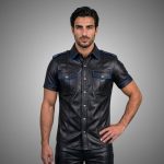 Men's Black & Red Piping Leather Shirt Gothic Biker - Image 4