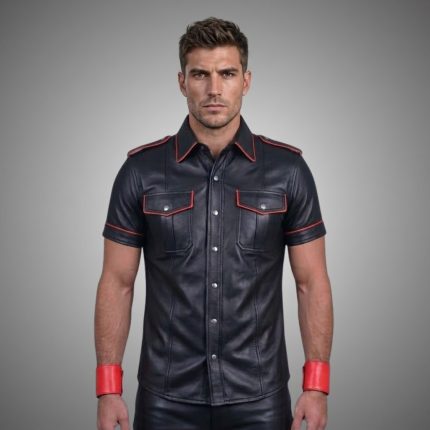 Men's Black & Red Piping Leather Shirt Gothic Biker