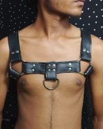 Black Leather Chest Harness With Metal Hard Wears