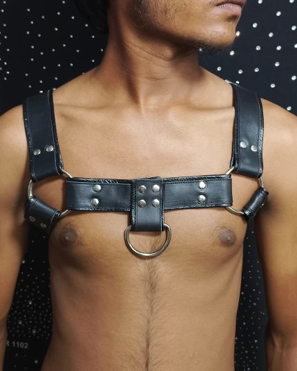 Black Leather Chest Harness With Metal Hard Wears