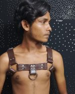 Brown Leather Chest Harness With Metal Hard Wears