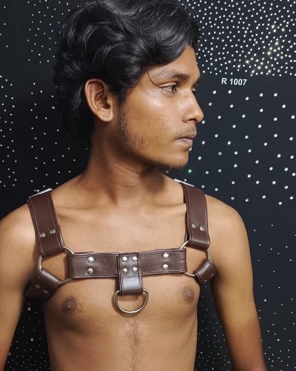 Brown Leather Chest Harness With Metal Hard Wears
