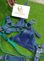 Blue & Teal Color Leather Harness With Matching Thong - Image 9