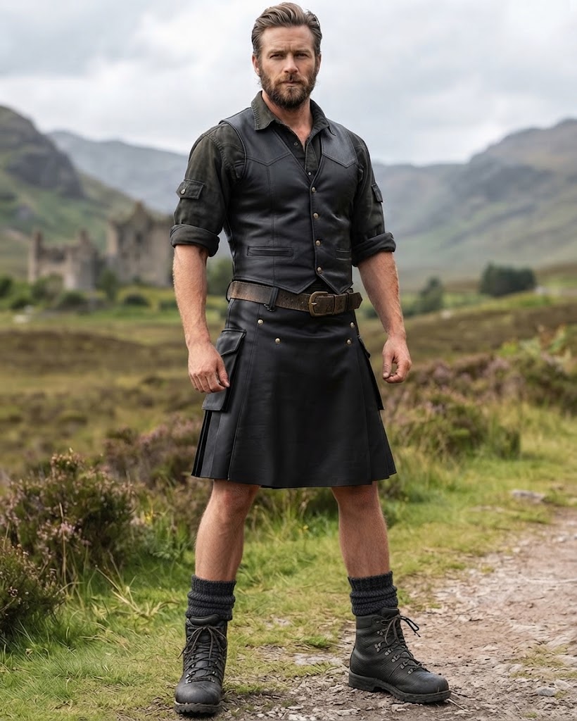 a4254d38-9c51-4c2f-9389-d007cc63a185 Black Real Leather Utility Kilt - Image 1